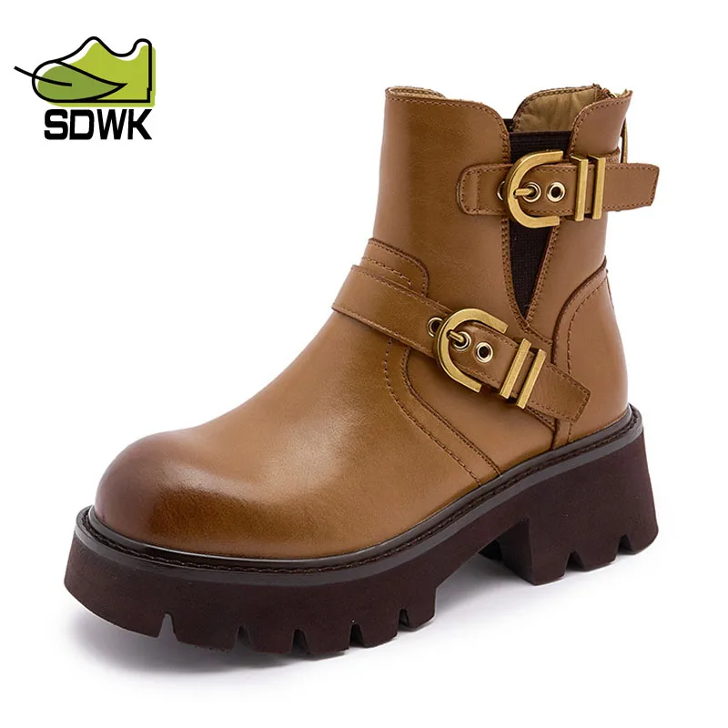 

SDWK Women Genuine leather Chelsea Boots Platform Chunky Shoes Winter 2023 New Gladiator Ankle Boots Pumps Goth Motorcycle Botas