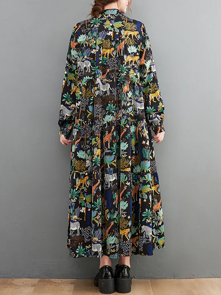 Pattern Print Shirt Dresses For Women Long Sleeve Loose Casual Vintage Dress Vestidos Fashion Elegant Clothes Spring Autumn 2025