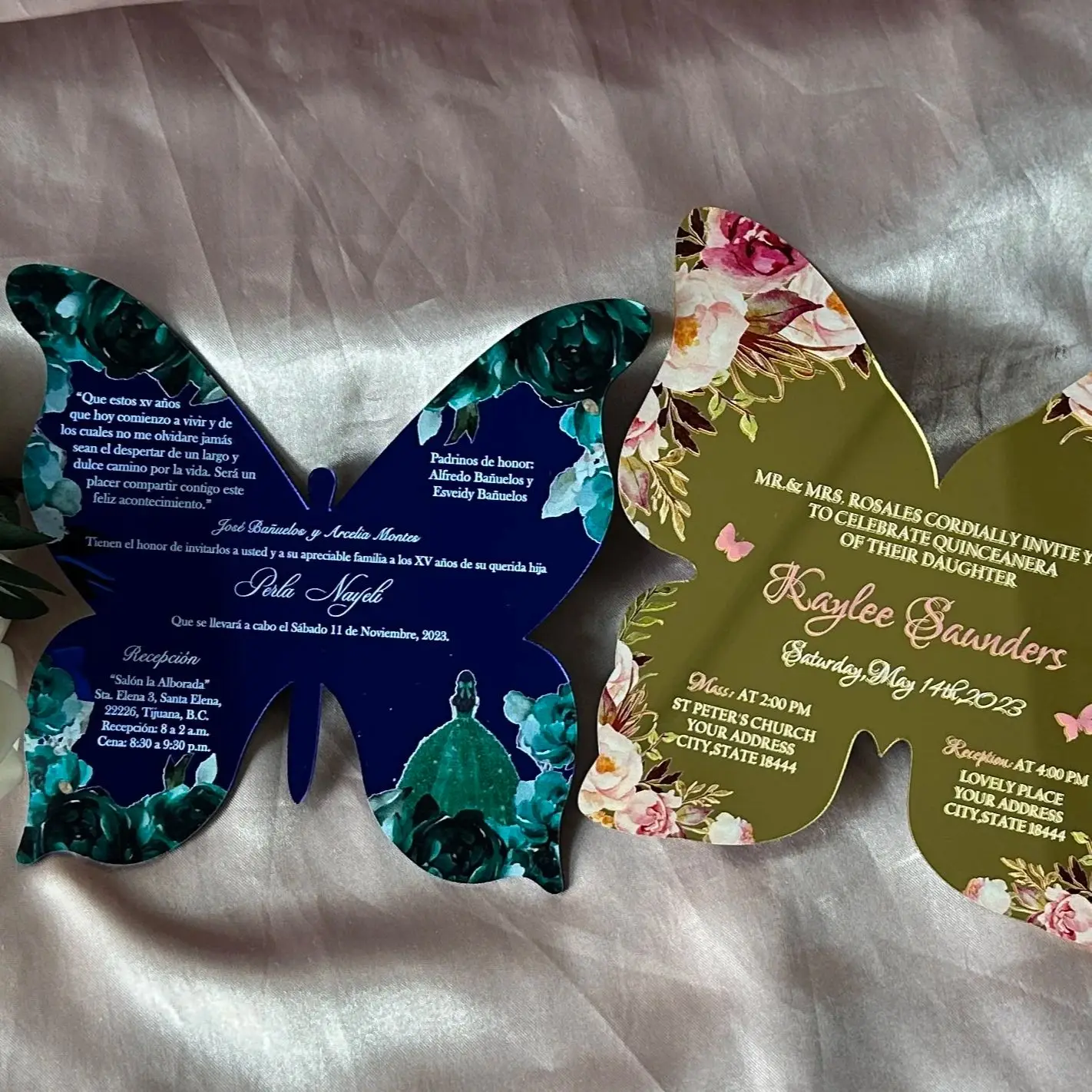 Espejo dorado acrílico invitación de boda forma de mariposa quinceañera  personalizado, sobres personalizados, 10 Uds. - AliExpress, image size:1422x1422
