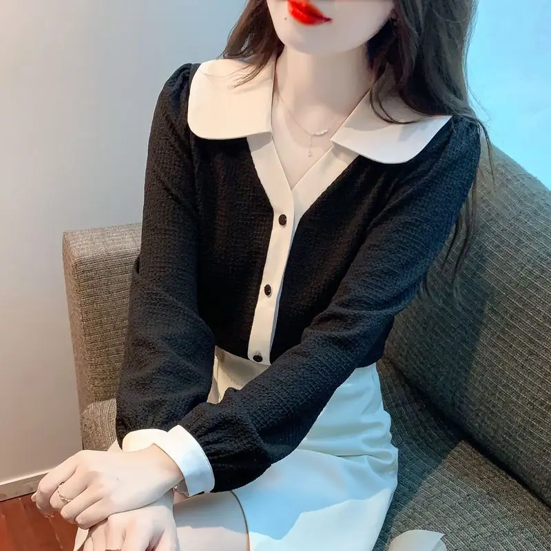 Stylish Lapel Loose Spliced Button Shirt Women's Clothing 2022 Autumn New Long Sleeve Casual Tops All-match Sweet Blouse