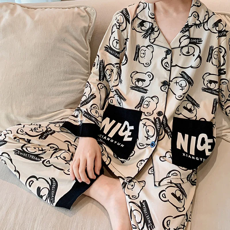 Lapel Cardigan Pajamas Set All-Over Print Bear Design Loungewear Pure Cotton Sleepwear for Big Children's Comfy Homewear
