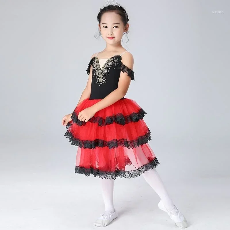 

Stage Wear Black Red Tulle Ballet Costume Women Spanish Dress For Adult Girls Child Dancing Romantic Tutu Performance