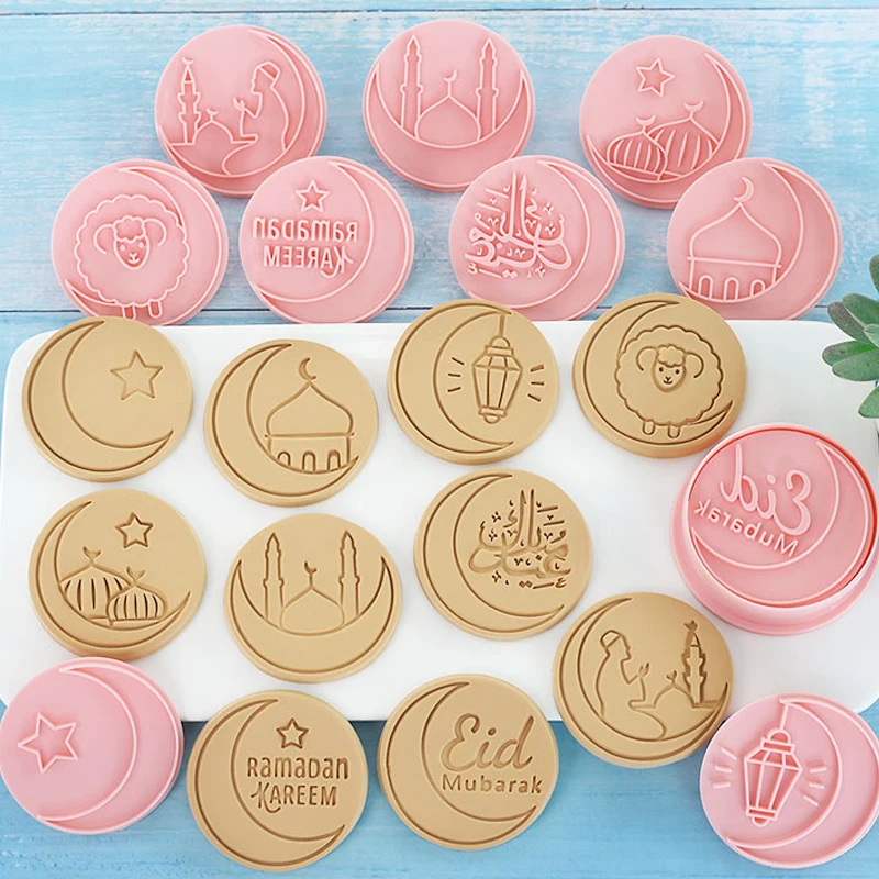 Eid Mubarak Cookie Cutter Plastic 3D Moon Star Pressable Biscuit Mold Ramadan Islamic Muslim Baking Pastry Cake Decoration 10Pcs cookie cutter,baking mold,cookie mould