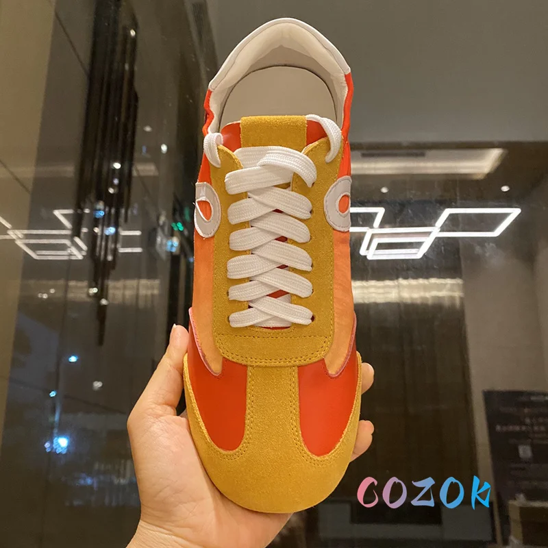

Classic Yellow Red Gradient Women's And Men's Flat Sneakers All Season Nylon Suede Splicing Sneakers Shoes Fashion Couple Shoes