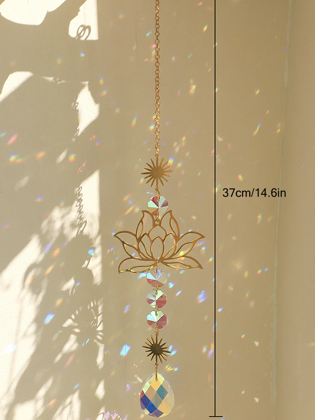 1Pc Sun Catcher Gardening Crafts Golden Lotus AB Colorful Water Drop Crystal Pendant