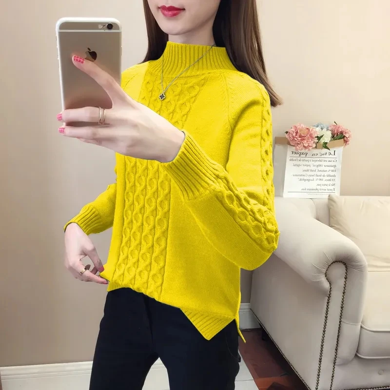 

Plus Velvet Thick Twist Half Turtle Neck Sweater Women Outside Wear New Winter Warm Knitwear Top Slim Long Sleeve Bottom Shirt