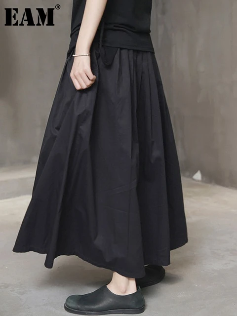 EAM High Elastic Waist Pleated Split Joint Temperament Black Half  