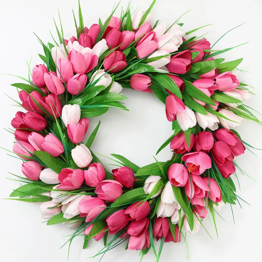 

Spring Artificial Tulip Wreath Wedding Home Decoration Wreath Door Hanging Christmas Decoration Rattan Ring Wall Hanging