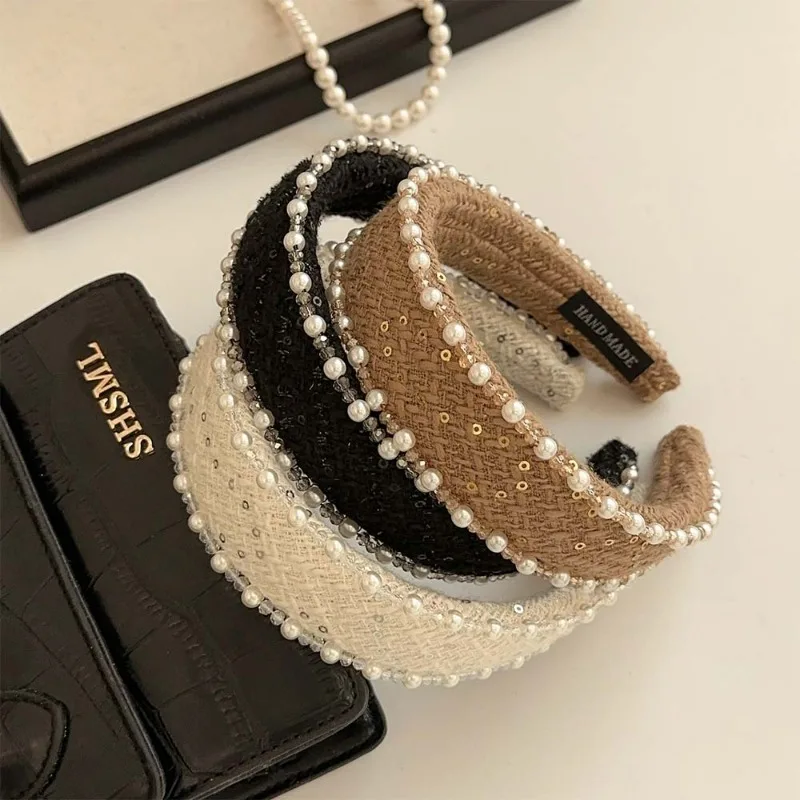 Neues Heavy Industry Wool Pearl Stirnband High Sense Wide-Edged Headhoop High Skull Top Haarfixierer Leichter Luxus-Haarschmuck