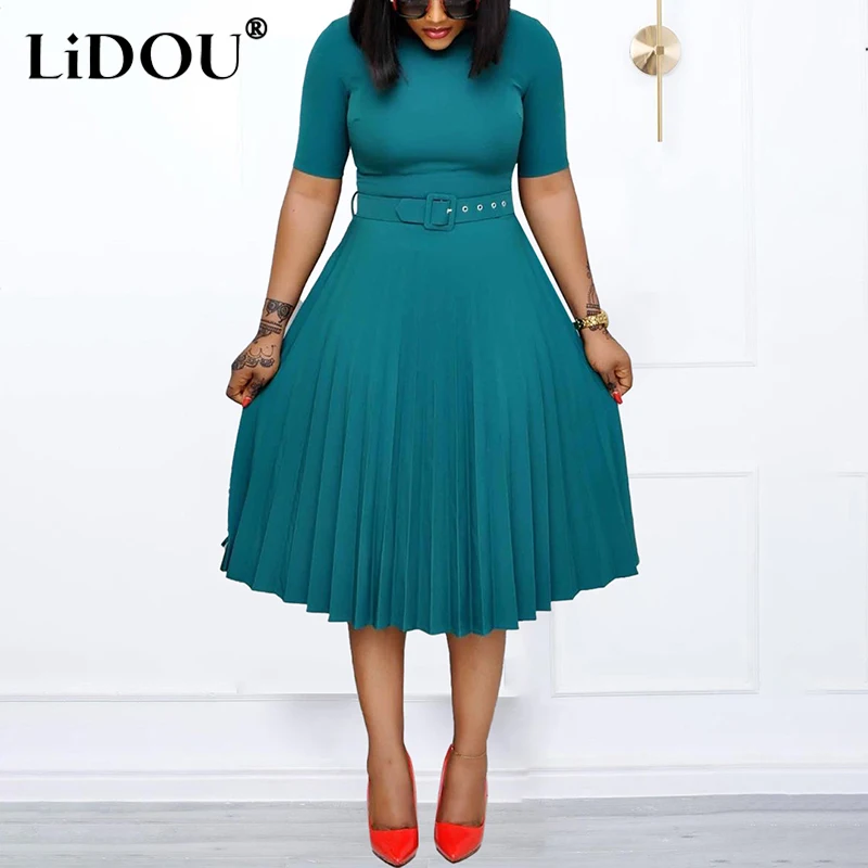 

Summer New Fashion Sweet Literary Plus Size Dress Women Solid Color Short Sleeve Pleated Vestidos De Fiesta Chic Female Clothes