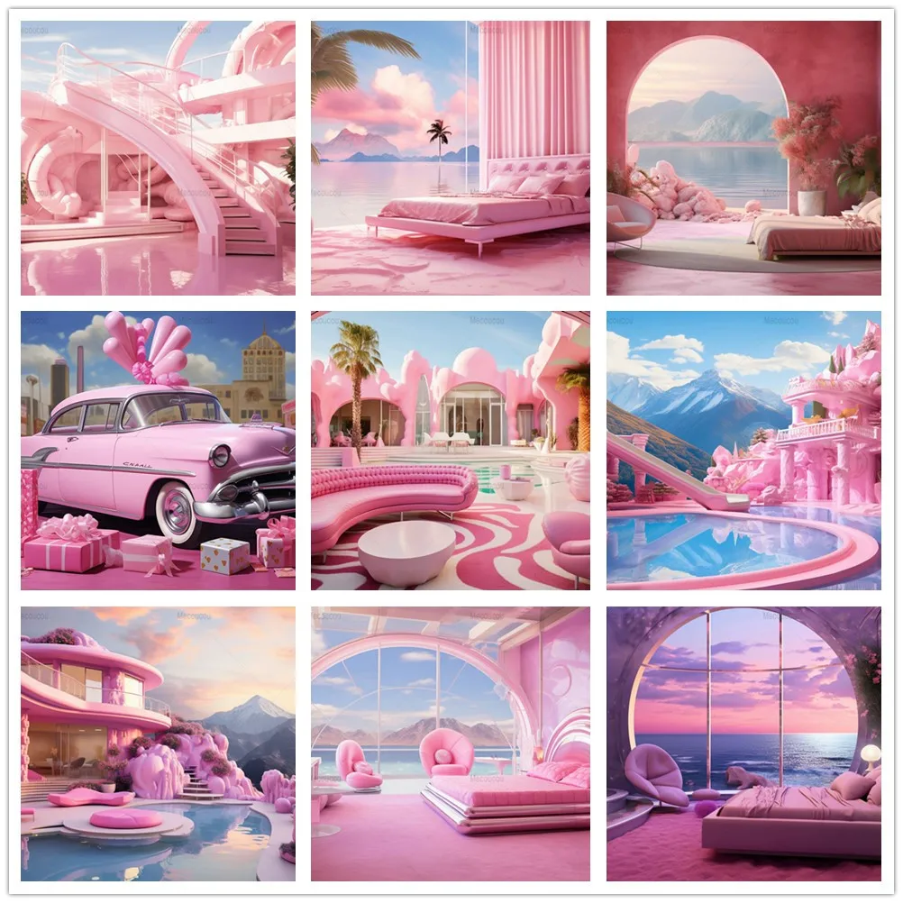 Summer Barbie Pink Car Beach Surf Shop Fondali Bambini Baby Birthday Balloon Castle Portrait Photography Seaside Trees Background