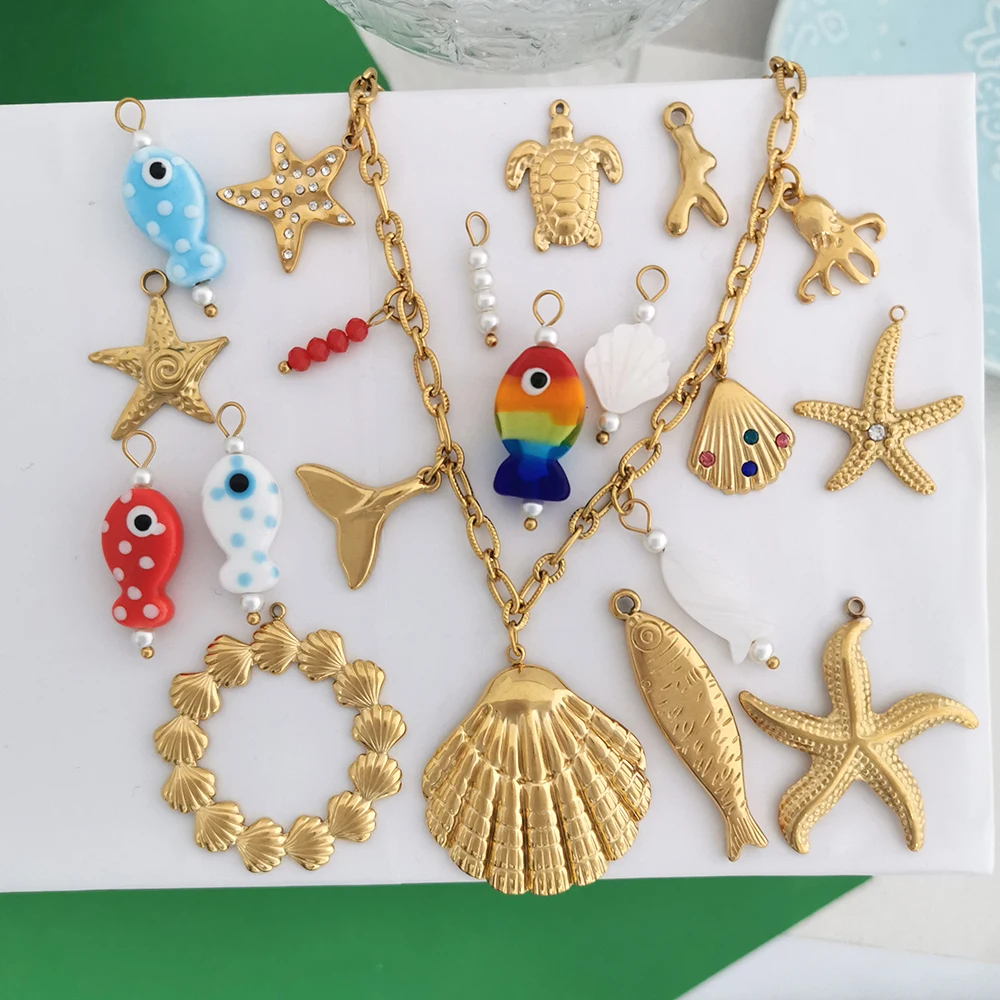 1 Stück Ozean-Anhänger Charm Muschel Seestern Fisch Schildkröte Koralle Handgefertigte Maßgeschneiderte Halskette Edelstahl Perle Keramik Großhandel