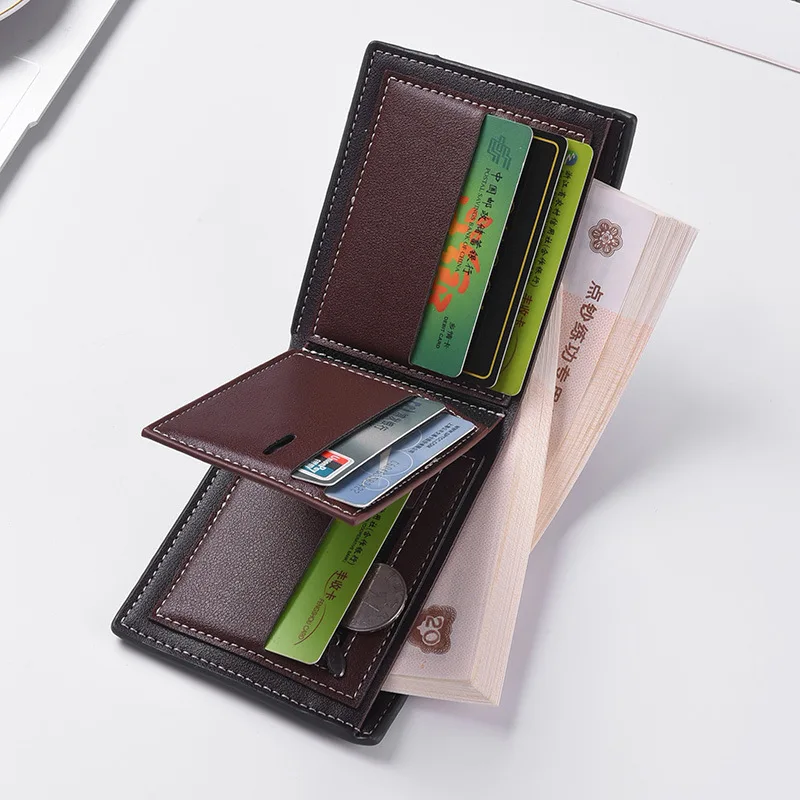 New men's hand woven multi slot fashionable three fold leather wallet, card bag, simple and ultra-thin coin purse