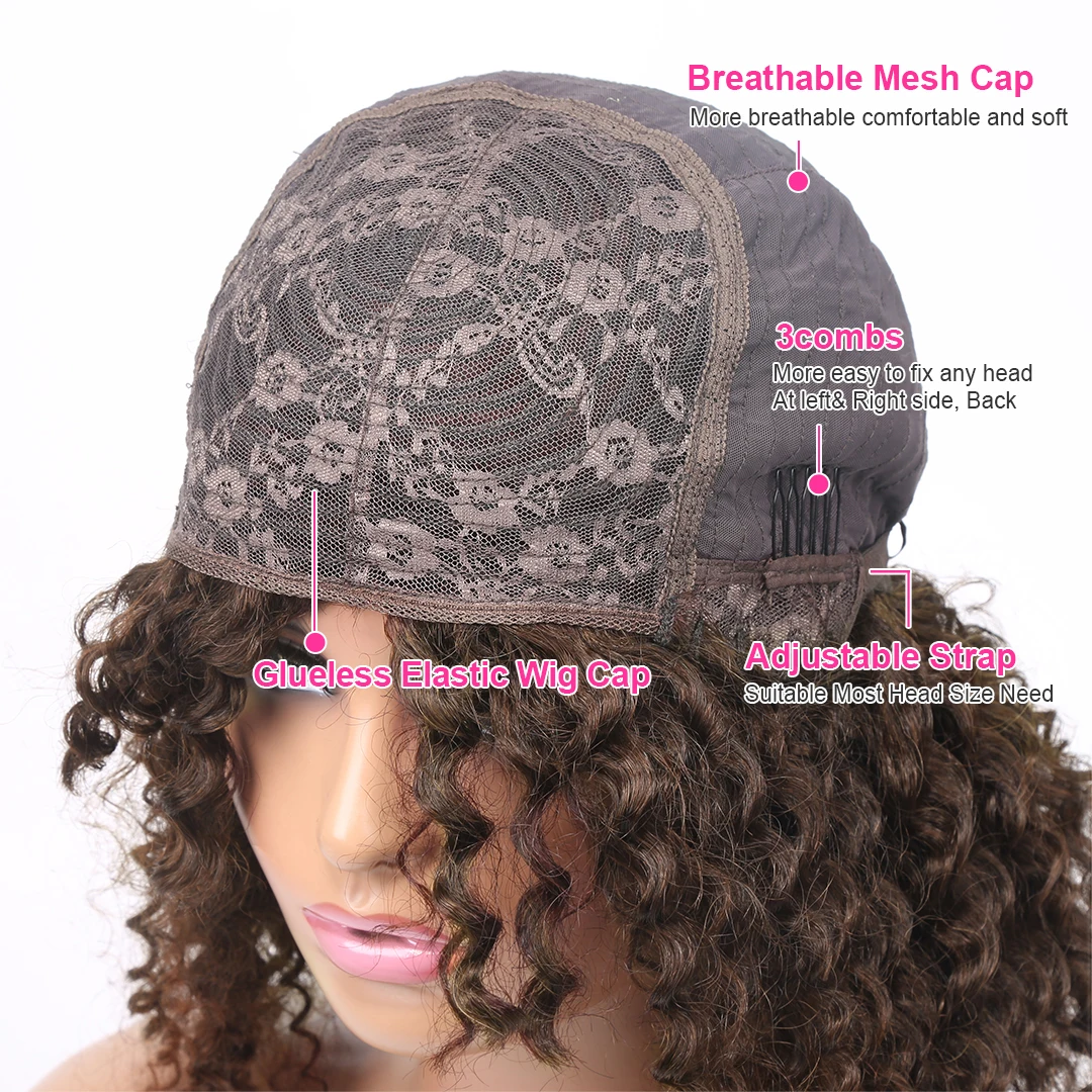 Highlight Brown Brazilian Virgin Curly Hair Wig With Bangs Deep