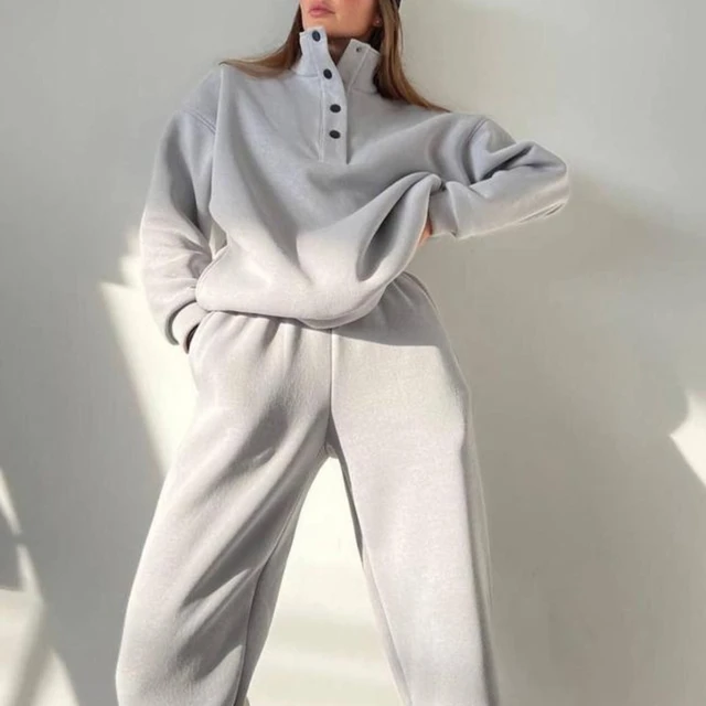 Jersey de manga larga con cuello redondo y pantalón largo para mujer,  conjunto de chándal holgado informal a la moda, 2 piezas - AliExpress