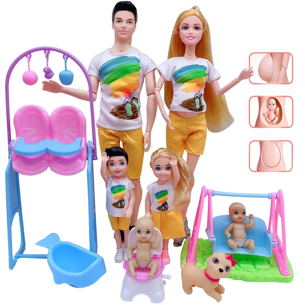 5Pcs/Lot Family Couple Dolls Pregnant Mom Doll Stroller Bed Accessories Baby Boy Ken Playset Kids Pretand Play Toys Girls Gifts doll accessories,doll accessories toys,mini dolls toys