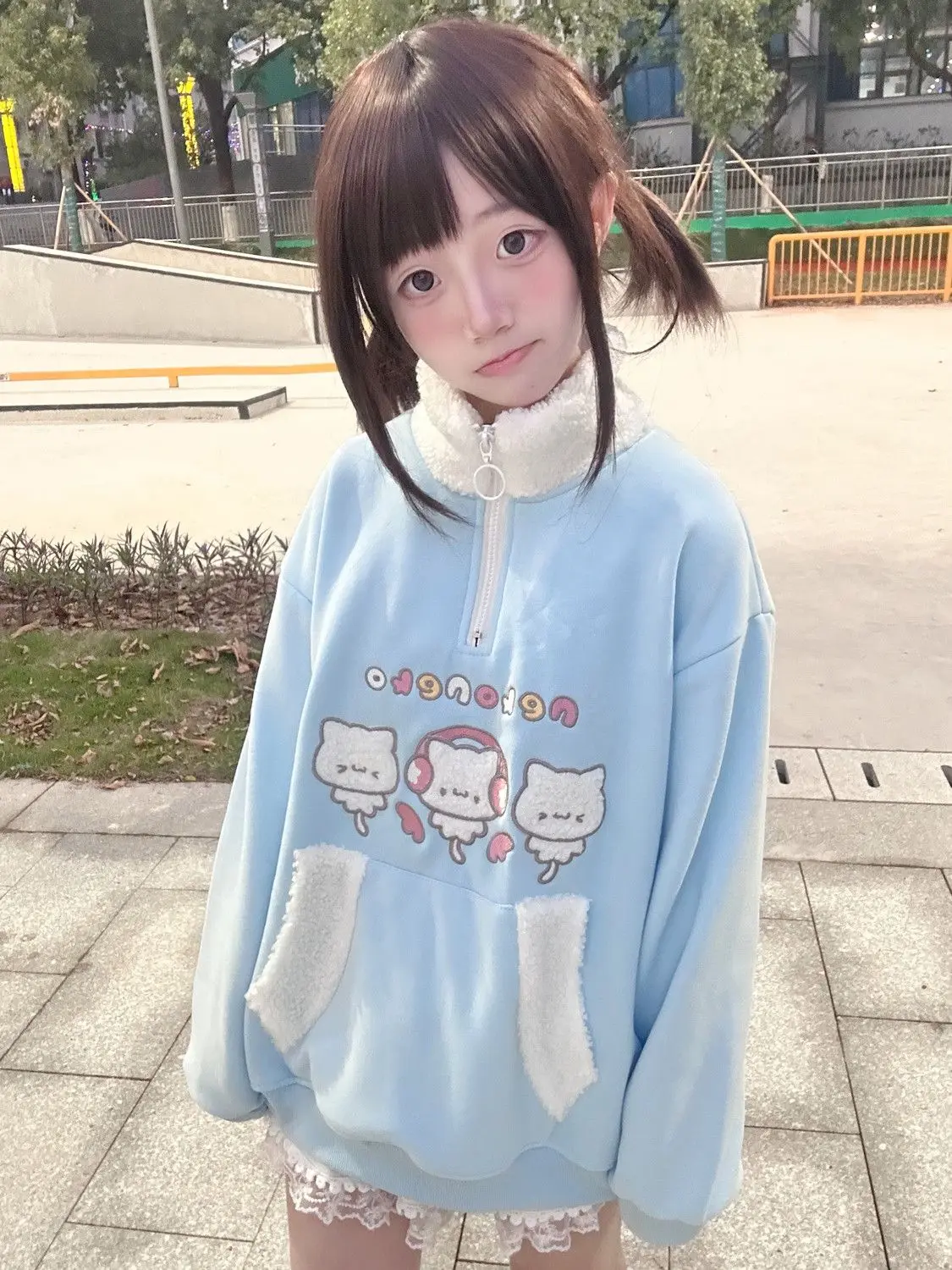 Japanese Lamb Wool Patchwork Stand Neck Hoodies Women Cartoon Embroidery Kawaii Cute Sweatshirt Harajuku Grunge Loose Streetwear