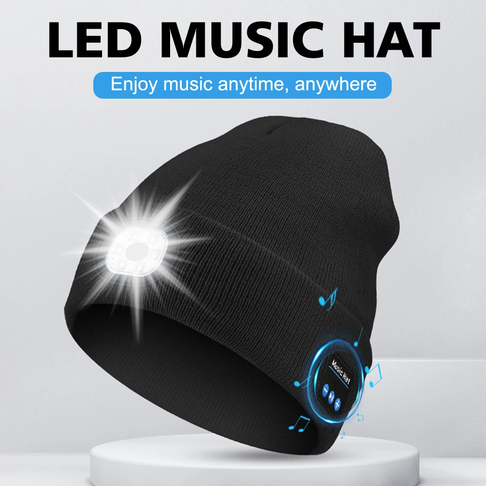 Wireless Bluetooth 5.0 Music Knitted Hat Rechargeable Detachable Luminous Sleeve Cap