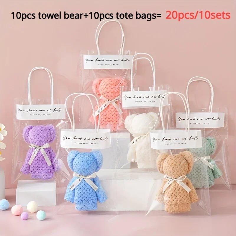 10 piece cute teddy bear towel gift set, equipped with a transparent tote bag and suitable souvenirs for various holiday sharing