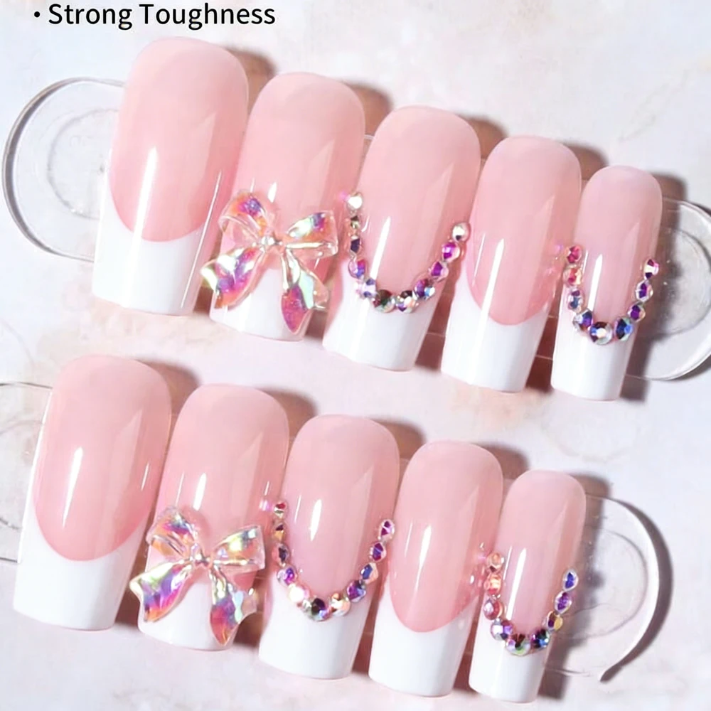 24개 반짝이는 다이아몬드 & 스윗 보우 프레스온 네일 미디움 스퀘어 화이트 프렌치 프레스온 네일 풀커버 아크릴 가짜 네일 팁 데코레이션