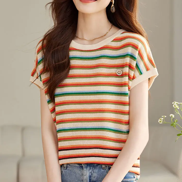 

2024 Summer Women New Short Sleeve Striped T-Shirts Female Knitted Casual Tops Tees Ladies Loose O-neck Striped T Shirt B316