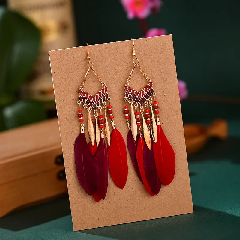 Ethnic Feather Dangle Earrings for Women Bohemian Long Tassel Beads Drop Earring