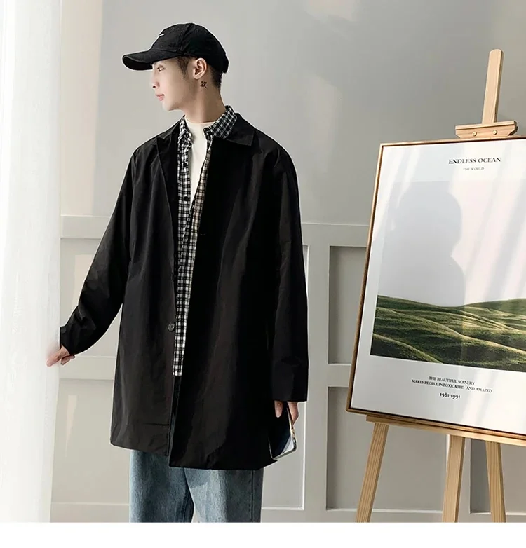 Description Picture 2 of itemMen's M-5XL Plus Size Trench Coat Loose Fit Long Lapel Single Breasted Windbreaker Jacket Button Overcoat Men Clothing XXXXXL