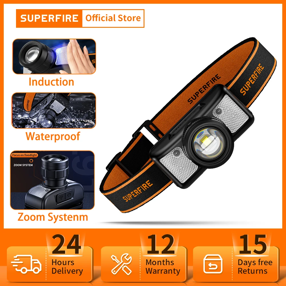 

SUPERFIRE Super Bright LED Headlamp 7W Portable Zoom Induction Headlight USB-C Rechargeable Head flashlight for Fishing HL91