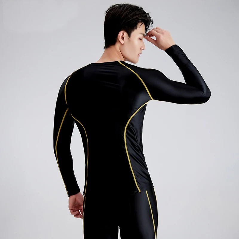 sexy satin glossy men top round neck tight fitting long sleeved T-shirt for men's Sports Fitness Running Spandex Shirts Tops