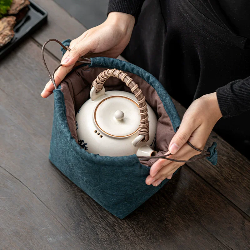 Large Handled Kettle Bag Thickened Portable Travel Storage Pouch for Copper Kettles, Japanese Iron Teapots, Outdoor Tea Brewing