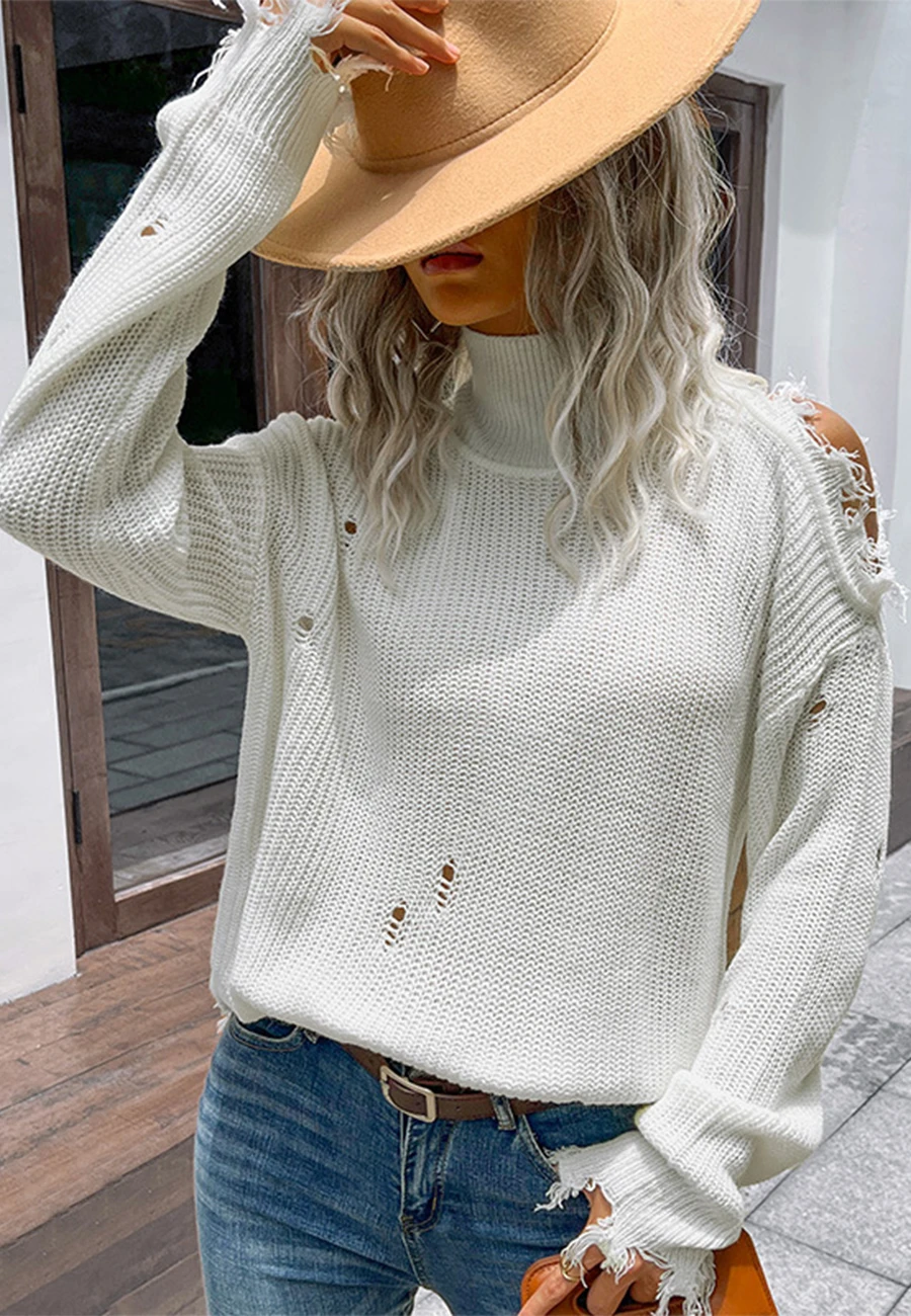 

Distressed Shoulder Cutout Ruffle Hem Sweater High Neck Loose Fit Tiny Holes Casual Chic Streetwear for Fashion Girls