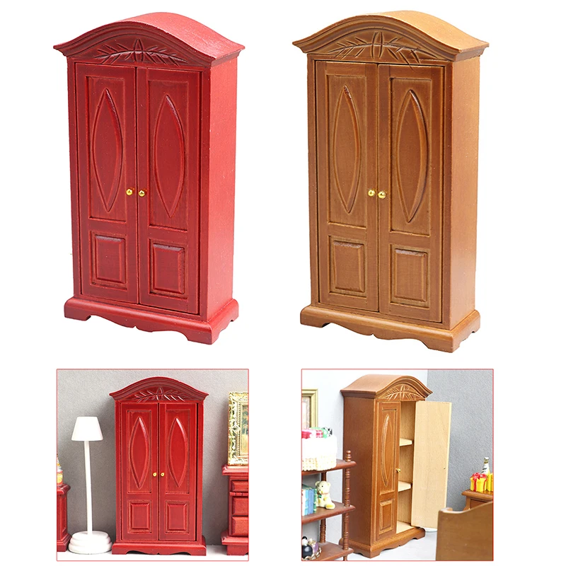 

1:12 Dollhouse Miniature Wood Wardrobe Carved Vintage Double-door Cabinet Furniture Model Decor Toy Doll House Accessories