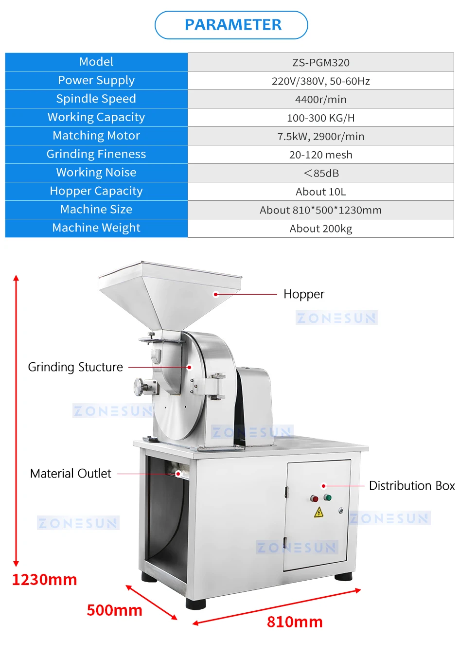 ZONESUN ZS-PGM320 10L Hopper Fine Powder Grinding Machine