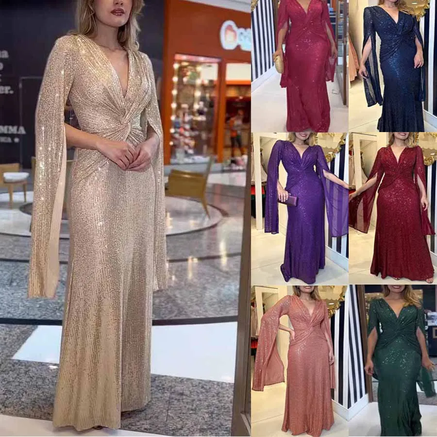 Elegant Women Sparkly Formal Party Dress Deep V Neck Bodycon Cocktail Long Gowns 2024 New Lady Sexy Sequins Slim Evening Dresses