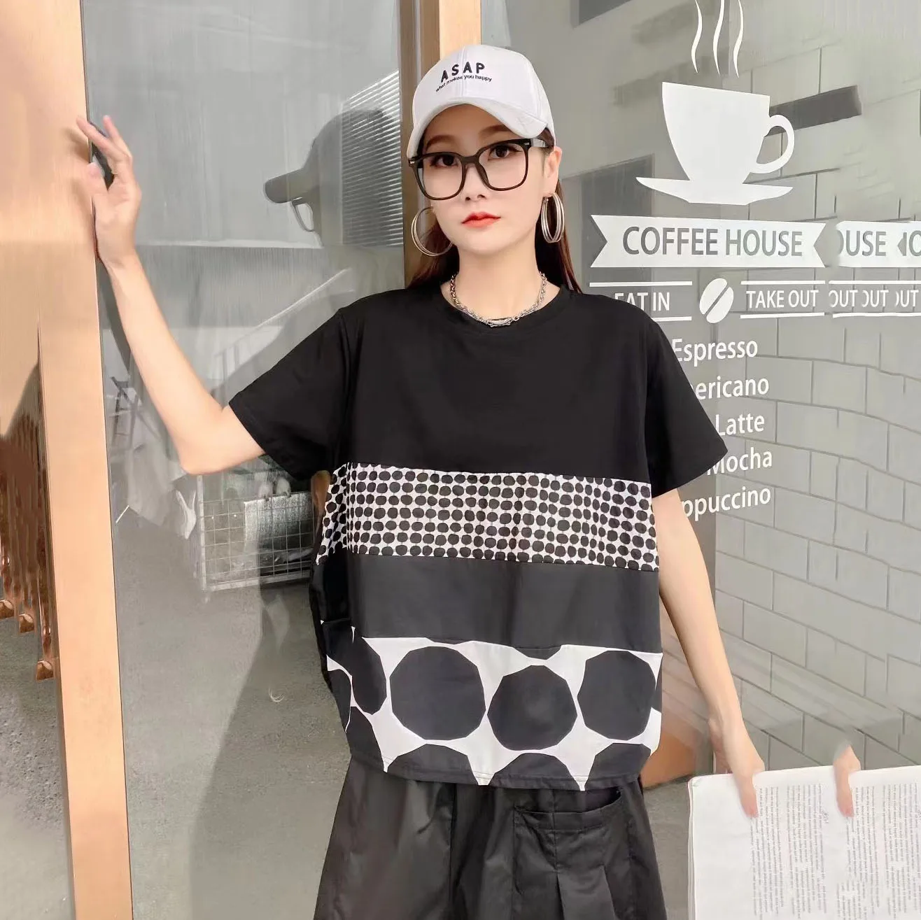 

230215 Women Black Dot Striped Big Size Casual T-shirt New Round Neck Short Sleeve Fashion Tide Spring Summer 2023
