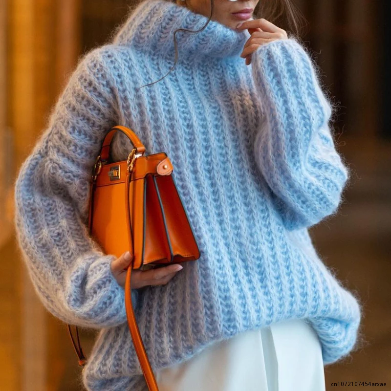 

High Neck Crochet Knitted Pullover Women Thicken Solid Oversized Jumper Autumn Winter Warm Korean Female Elegant Sweaters