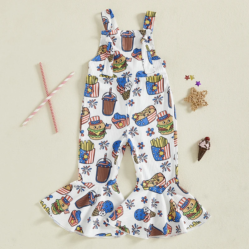 Pudcoco Baby Girl Patriotic Overalls Romper Casual Summer Hamburger Print Sleeveless Flared Jumpsuit for Newborn 6M-4Y