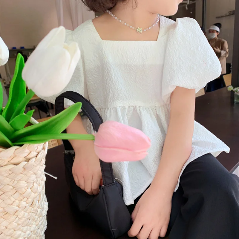 Kids Shirts Summer Girls' Short Sleeve Sweet Square Neck Bubble Backless Top Big Bow Fashion Versatile Short Sleeve Shirt Children Clothing