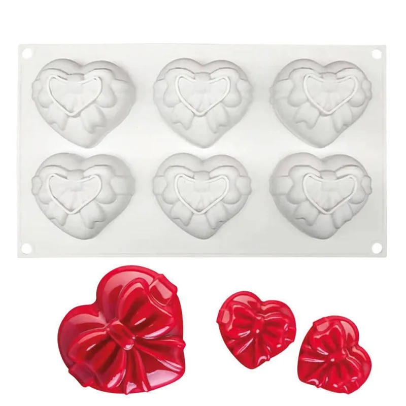 

6 Cavity Love Heart Silicone Mold Diy Festival Bowknot Fondant Jelly Pastry Chocolate Cake Baking Tools Clay Plaster Resin Mould