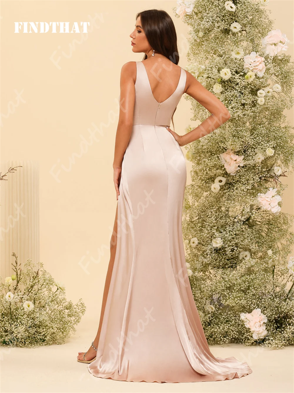 Women's Mermaid Bridesmaid Dresses Sleeveless V-Neck Ruched Silk Satin Zipper Evening Dress Party Prom Gowns Side Slit