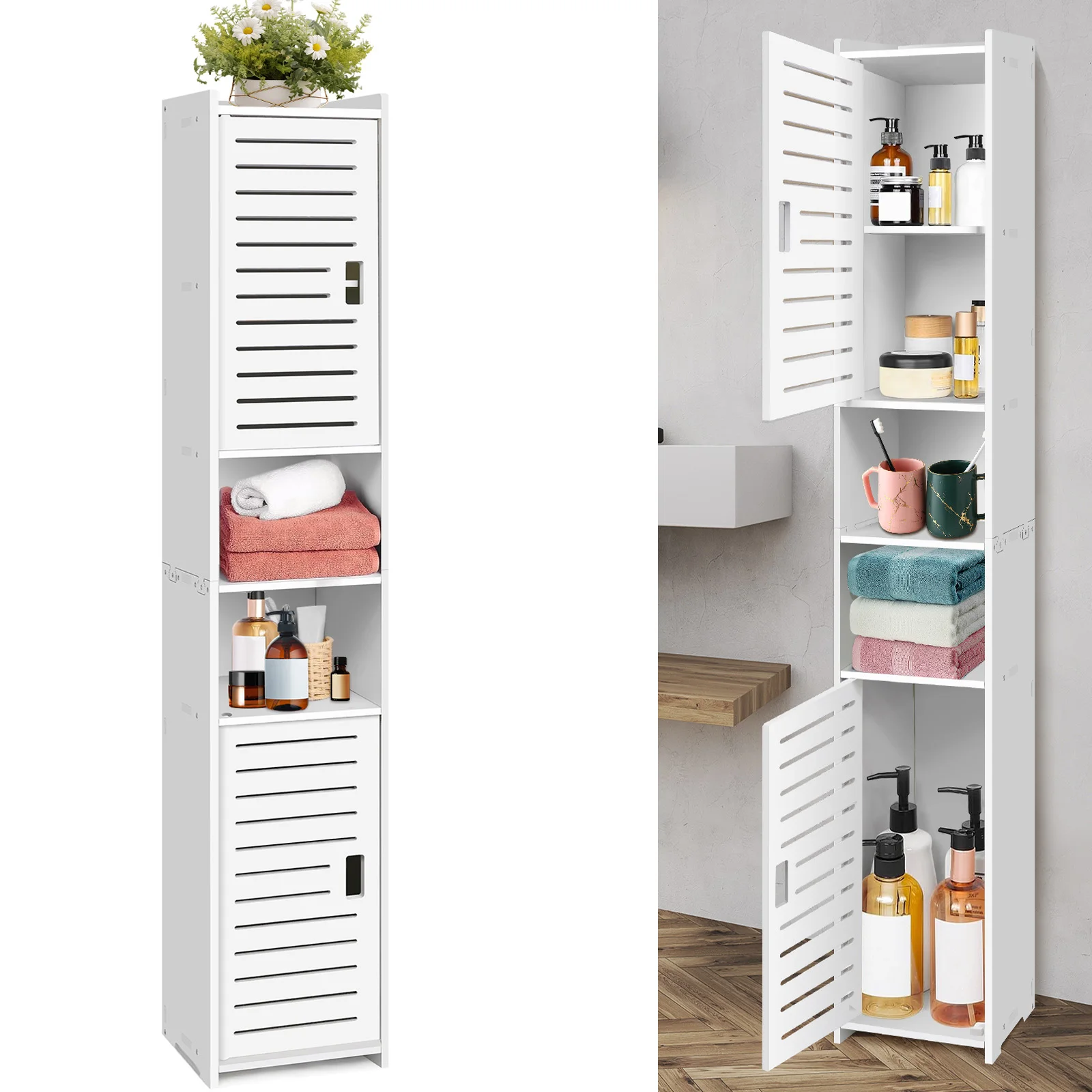 DayPlus 5-Tier Tall Bathroom Floor Cabinet, Waterproof Bathroom Storage Cabinet with Door and Shelves, Free Standing Cabinet