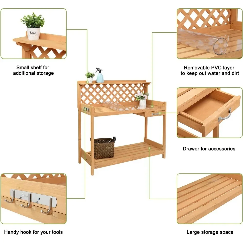 Wood Garden Potting Bench with Storage & Hooks 4