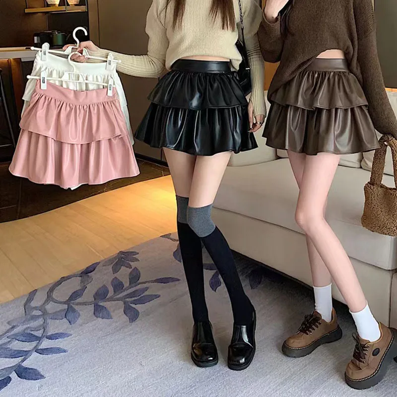 

A-line Half Length Skirt Women Spring Summer New Elastic High Waist Cake Puffy Skirt Korean Pink Cute Leather Short Skirt