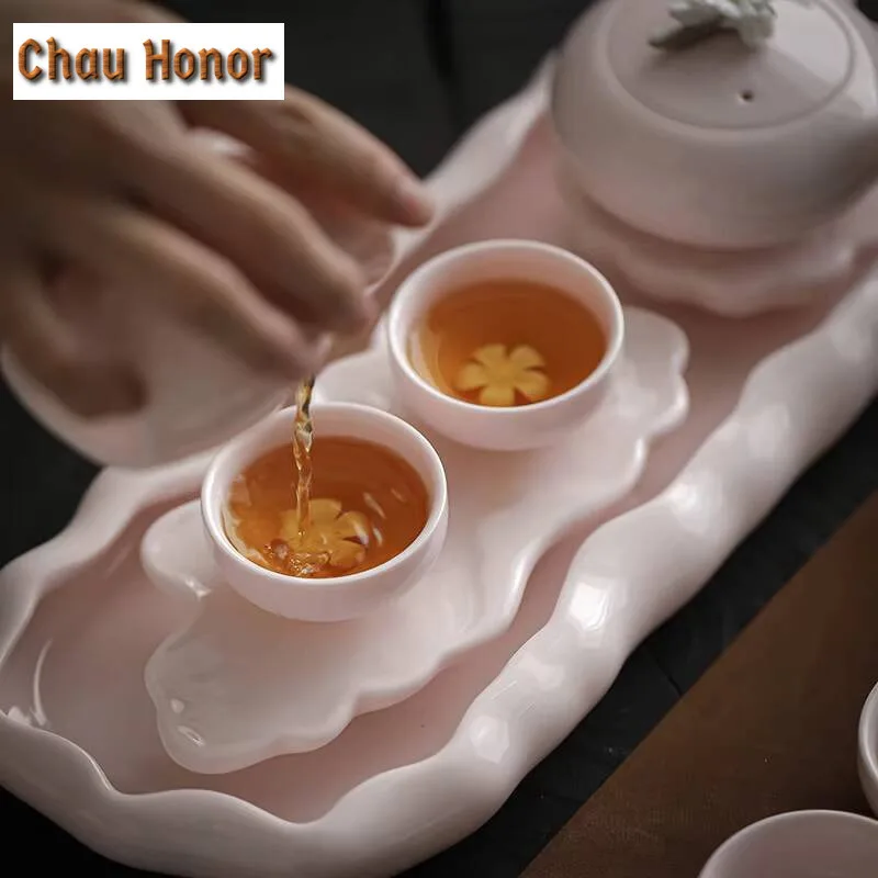 Japanese Style Pink Jade Porcelain Dry Bubble Table Tea Tray Household Small Tray  Kung Fu Teaset Water Storage Accessories Gift