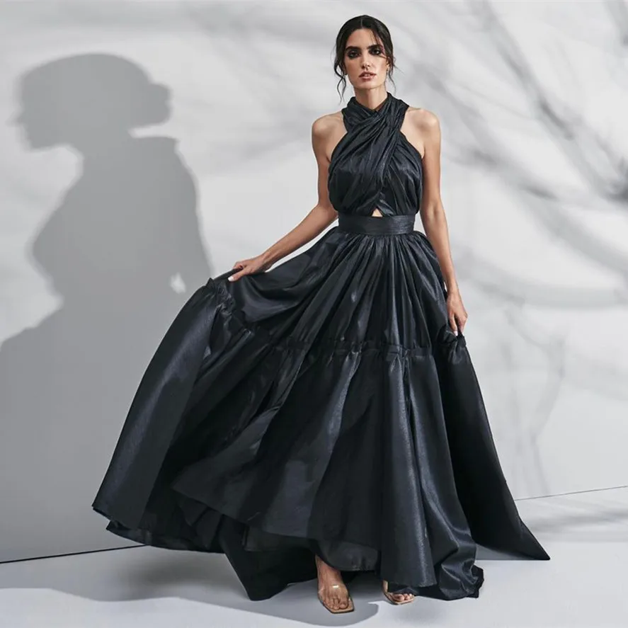 

Vintage Long Taffeta Black Evening Dresses فساتين السهرة A-Line Halter Pleated Floor Length Prom Dress Robe de soirée for Women