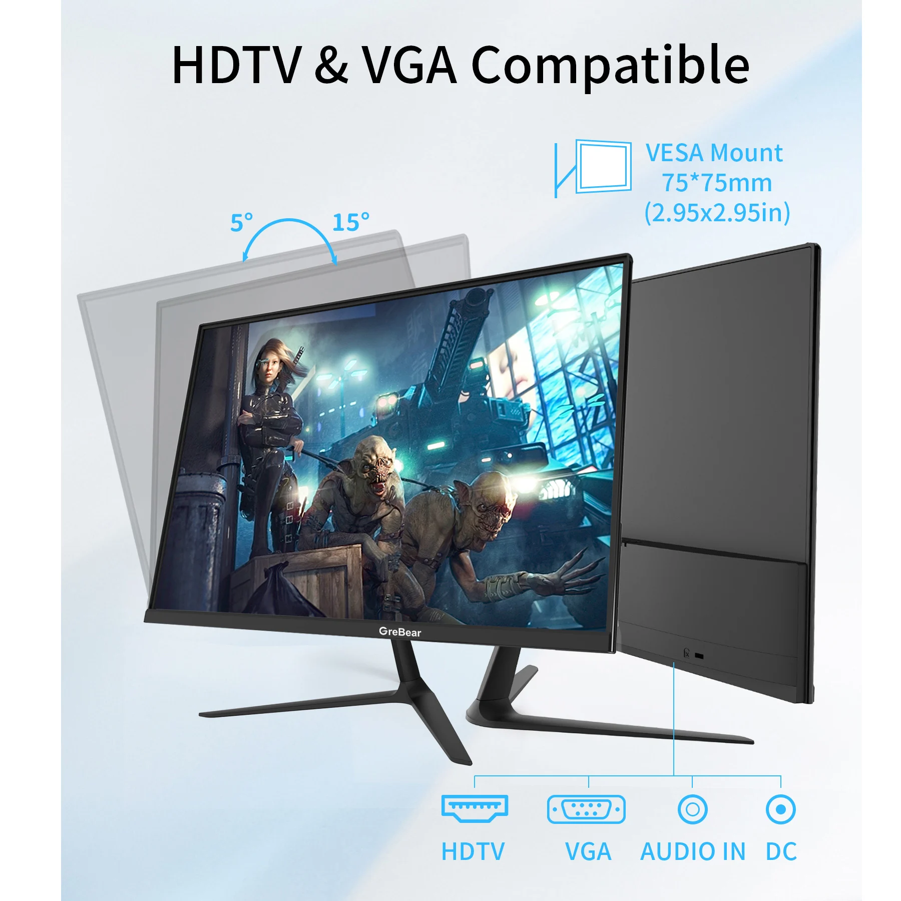 GreBear IPS Computer Monitor 24 Inch, FHD 1080p PC Monitor 5ms(GTG) 99% sRGB,Ultra Slim, LED Low Blue Light An 3