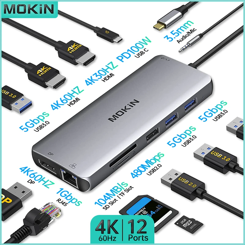 

MOKiN 12 in 1 Docking Station for MacBook Air/Pro, iPad, Thunderbolt Laptop - USB2.0, HDMI 4K30Hz, PD 100W, SD, TF, RJ45 1Gbps