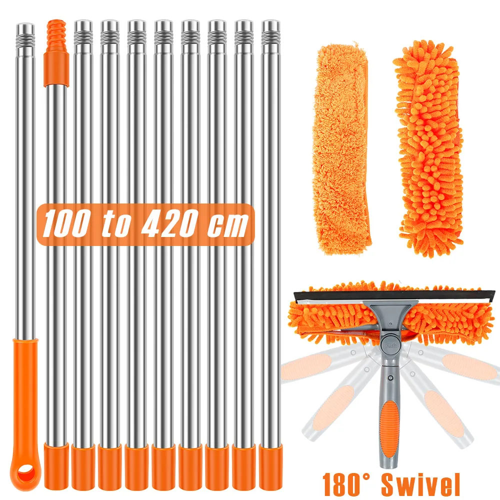 Extended Window Cleaning Kit 100-420CM 2 in 1 Double Sided Glass Squeegee Cleaner Duster Mop 180&deg; Swivel Window Cleaning Tools