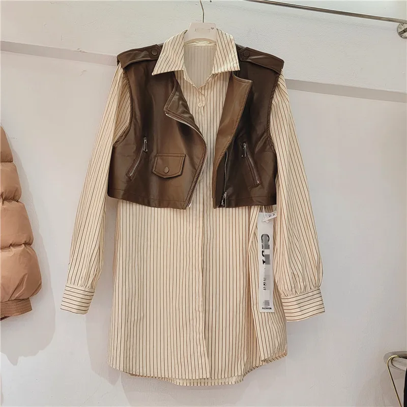 

SuperAen 2023 Autumn New High-grade Pu Leather Vest Jacket Loose Striped Shirt Two-piece Fashion Women Shirts