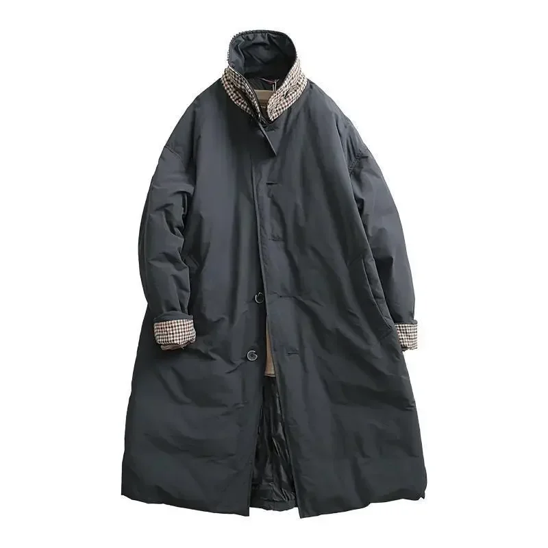 Winter Retro Color-block Collar Cotton-padded Parkas Classic Mid-length Over-the-knee Causal Loose High Street Windbreakers 6